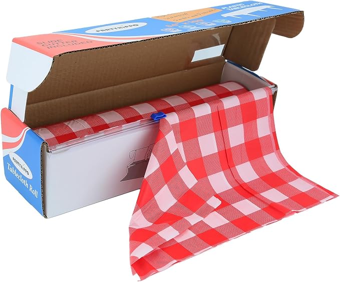 Plastic Tablecloth Roll – 54" x 100' Plastic Tablecloths for Parties Disposable with Cutter Box - Cut to Size Disposable Tablecloth for Rectangle & Round (Gingham-Red)