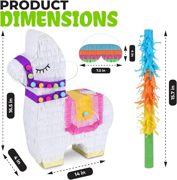 Llama Pinatas Bundle with a Blindfold and a Bat (17 x 14 x 4 Inches), Perfect for kid's Birthday Parties, Mexican Theme Parties, Decorations