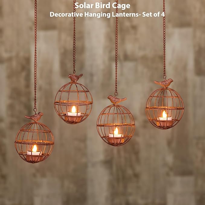 Outdoor Solar Hanging Lantern Lights, 4 Pack Rustic Ball Birdcage Hanging Candle Holder with Solar Tea Lights, Outdoor Waterproof Decorations for Patio, Backyard, Pergola, Tree Decor (Dark Orange)