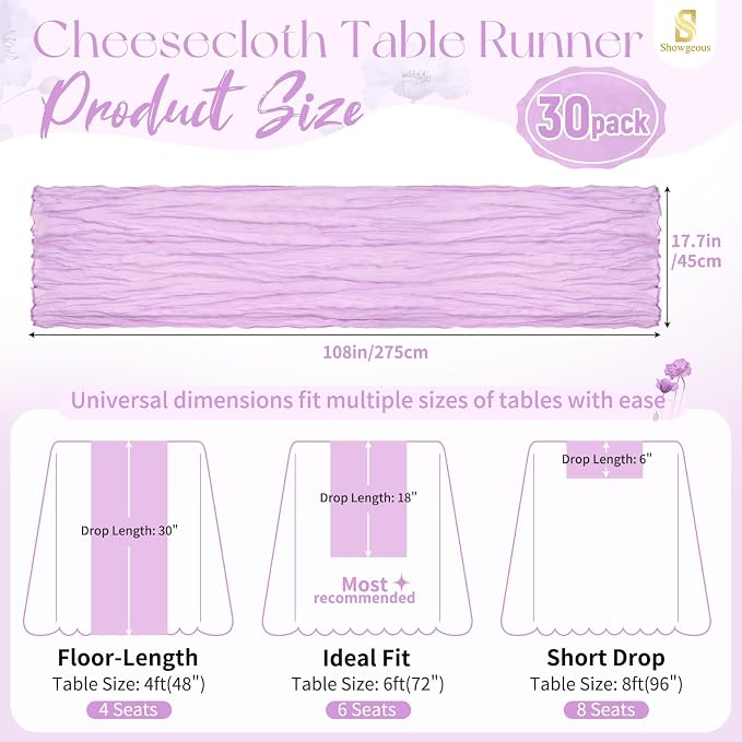30 Pack Lilac Purple Cheesecloth Table Runner 17 x 108 inch Boho Gauze Table Runner Rustic Sheer Cheese Cloth Table Decorations for Wedding Party Baby Bridal Shower Birthday Holiday Home