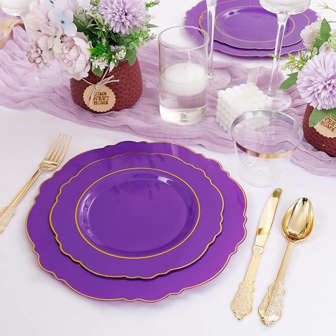 Liacere 175PCS Purple Plastic Plates-Disposable Purple and Gold - 25 guest Baroque Plastic Dinnerware include 50Plates,25Pack Pre Rolled Napkins with Silverware 25Cups for Wedding&Party