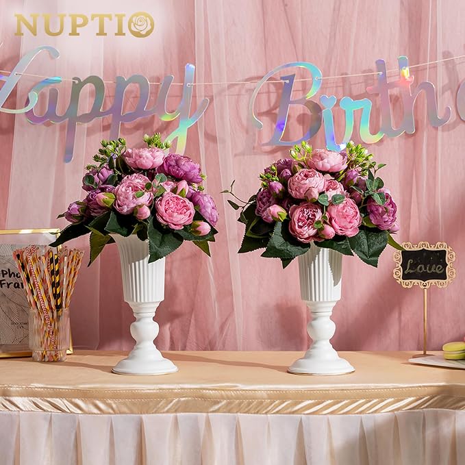 Nuptio 10 Pcs Flowered Metal Trumpet Vase Elegant Wedding Centerpieces Vase for Party Dining Room Decoration, 23.2cm Tall Artificial Flower Arrangements for Anniversary Ceremony, White