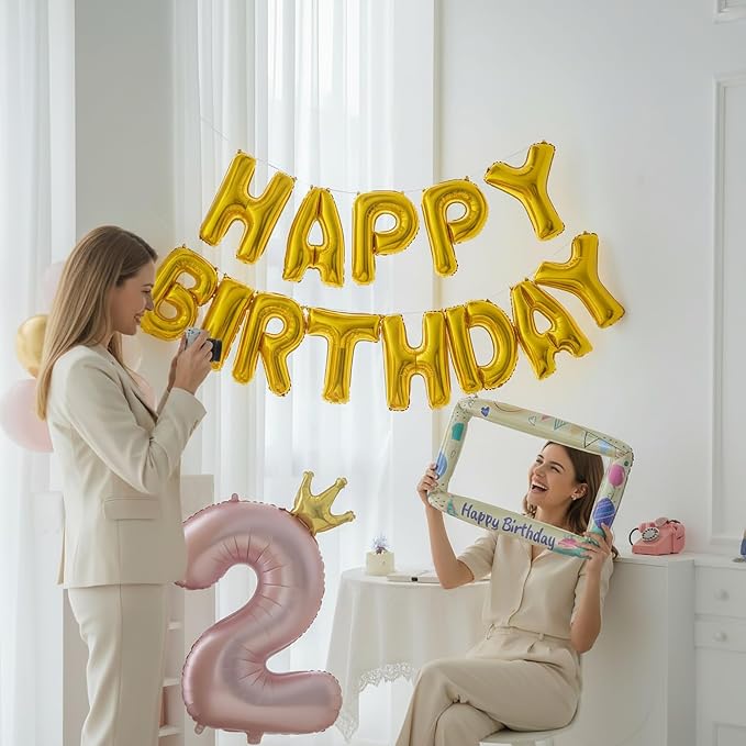 Gold Happy Birthday Banner Foil Letter Balloon, 14 Inch 3D Inflatable Party Decor Reusable Mylar Foil Letters, Birthday Decorations for Women Men Kids (Birthday Banner 2)