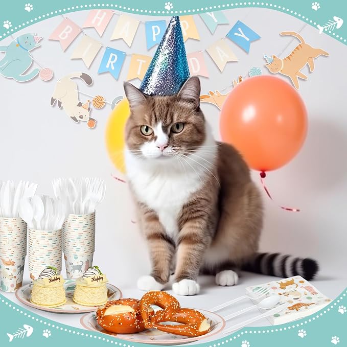 Qinyoung 176 Pcs Cat Birthday Party Supplies Disposable Tableware Set Serves 25 Cute Kitten Themed Paper Plates Napkins Cups Cutlery with Banner for Birthday Decorations