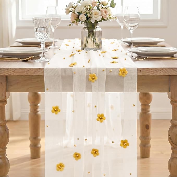 Artoid Mode Yellow Flower Pearl White Gauze Table Runner 10FT, Seasonal Sheer Dining Holiday Wedding Birthday Baby Shower Table Decor for Home Party