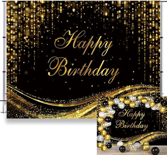 Happy Birthday Glitter Backdrops for Photography Black and Gold Birthday Photo Backdrop 10x8ft Girls Boys Baby Adults Birthday Party Portrait Decoration Photo Background Cake Table Banner