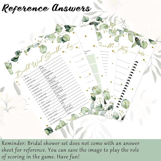 Silipull Bridal Shower Games Set for 50 Guests Includes Bingo, He Said She Said, Scramble, Would She Rather, Advice and Wishes Wedding Games Double Sided with Wooden Box, 20 Pencils (Greenery)
