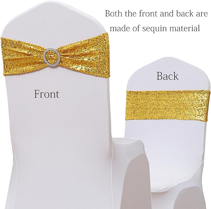 Pack of 50 Spandex Sequins Chair Sashes Gold Chair Bands with Buckles, Chairs Bows Ties for Party Wedding Fiesta Decor - Sequin Gold Chair Sash