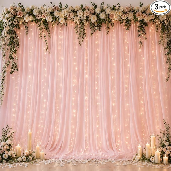 Ledido 3 Pack 10×10ft Pink Tulle Backdrop Curtains with Lights String - 900LED Fairy Lights Sheer Curtain Backdrop for Wedding Baby Shower Photo Shoot Birthday Party Decoration(6 Panels 5×10ft)，Pink