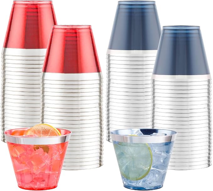 LIYH 100 Pcs 9 oz Red and Blue Disposable Plastic Patriotic Cups, 4th of July Plastic Wine Glasses for Celebrate, 4th of July Disposable Party Cups for Independence Day 50 Each