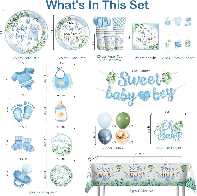 Xynic 201PCS Baby Shower Decorations Boy Tableware Set, 25 Serves Disposable Plates and Napkins Set, with 2pcs Tablecloth, Cake Topper, Banner, Balloons for Baby Boy Shower Decorations