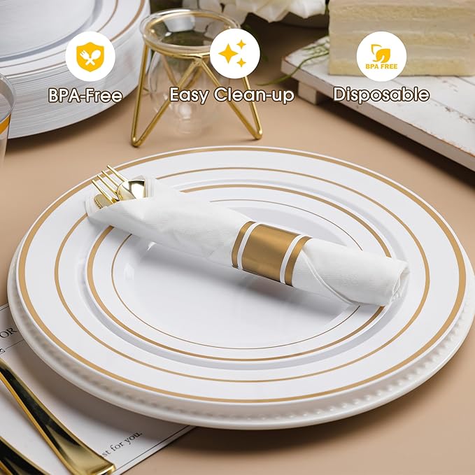 350 PCS White and Gold Plastic Dinnerware Set for 50 Guests, Disposable Party Plate for 50 Guests, Include: 100 Plastic Plates, 50 Pre Rolled Napkins with Gold Silverware, 50 Cups