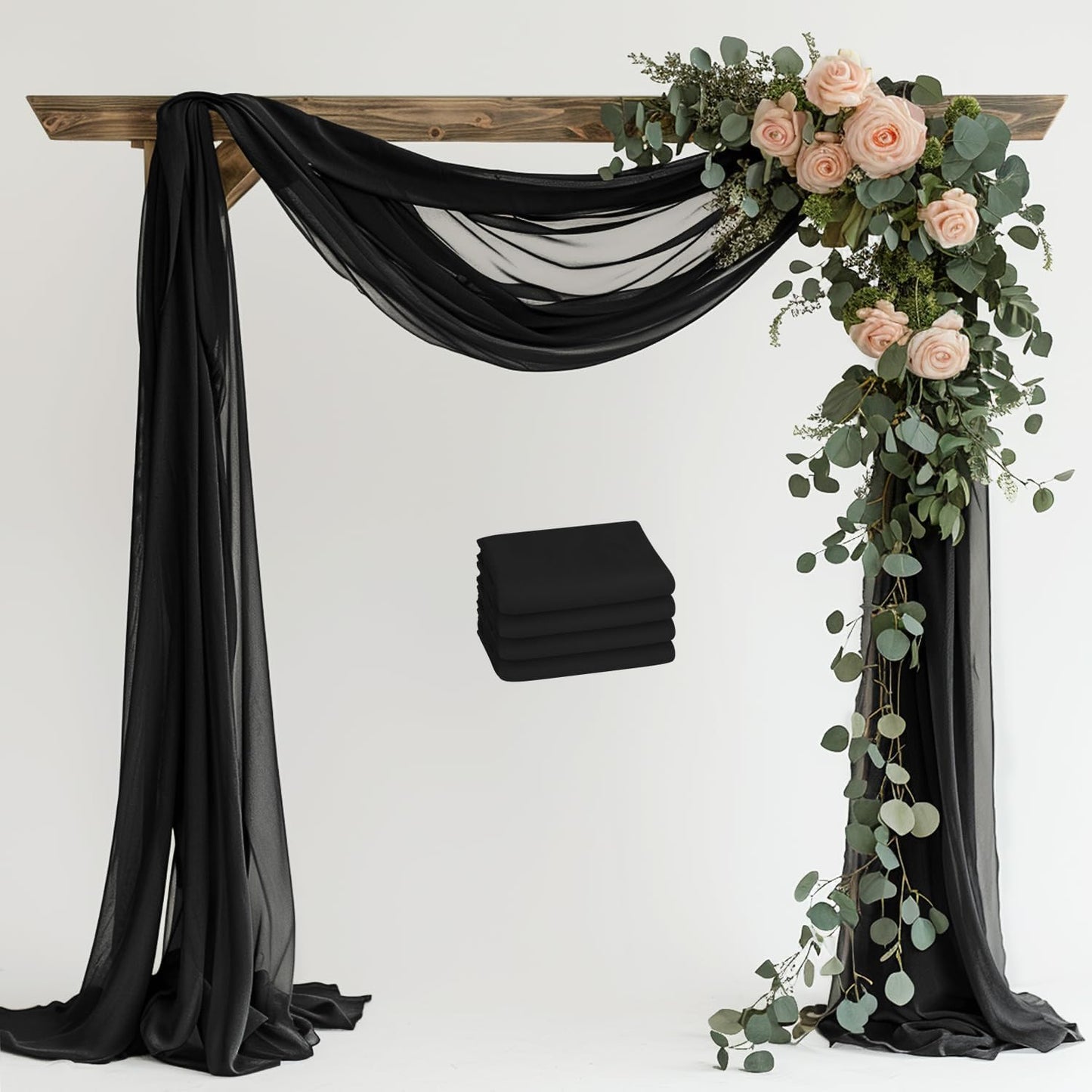 Wedding Arch Draping Fabric 4 Panels 28.7" x 20FT Black Sheer Chiffon Backdrop Drapes for Wedding Ceremony Birthday Party Bridal Shower Outdoor Decoration