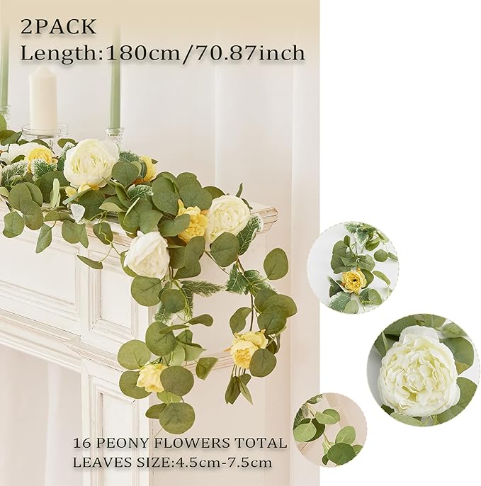 MISSPIN 2pcs Artificial Flowers Garland Spring Eucalyptus Garland Vintage Fake Flower Peony Rose Vine Greenery Decorative Wall Hanging Plant for Wedding Arch Door Arrangement Party Decor