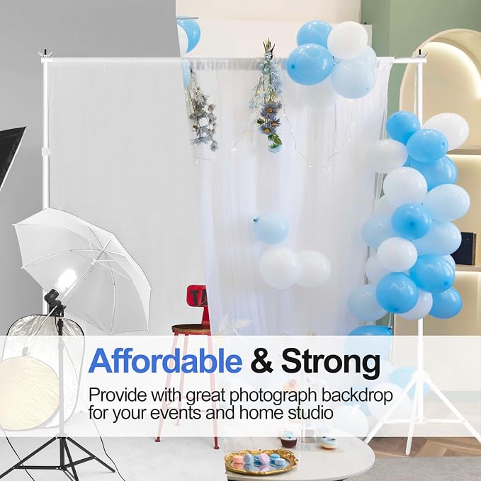 EMART Backdrop Stand 10x8.5ft(WxH) Photo Studio Adjustable Background Stand Support with 2 Crossbars, 6x6Inch Clamps, 8 Black Clamps 2 Sandbags and Carry Bag for Parties Wedding, Photography -White