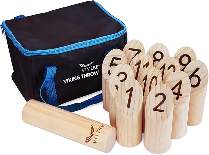 Vivere Viking Throw Tournament Edition, Outdoor Bowling Game Set for Kids & Adults with 12 Pins, Baton & Carry Bag for Backyard, Beach & Lawn Play