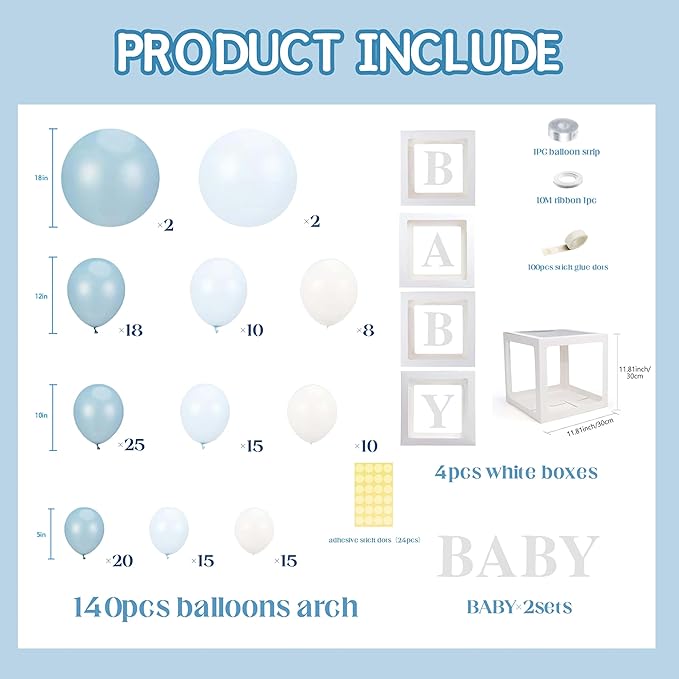 148Pcs Dusty Blue Baby Shower Decorations for Boy - Boho Balloon Arch Garland Kit with 4 Baby Boxes - Matte Blue Sand White Balloons for Gender Reveal Backdrop, 1st Birthday Party