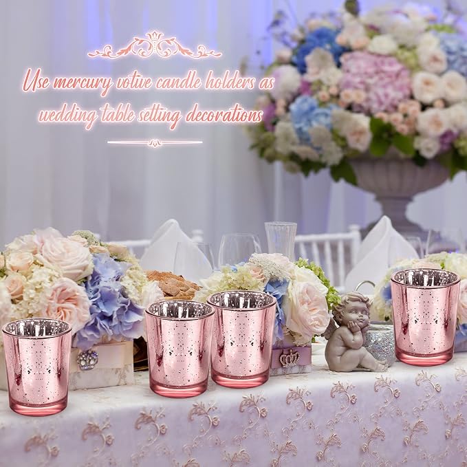 Raiten 50 Pcs Votive Candle Holder Bulk Glass Votive Candle Holder Tealight Candleholder Wedding Centerpiece for Table Home Birthday Anniversary Bridal Shower Party(Rose Gold)