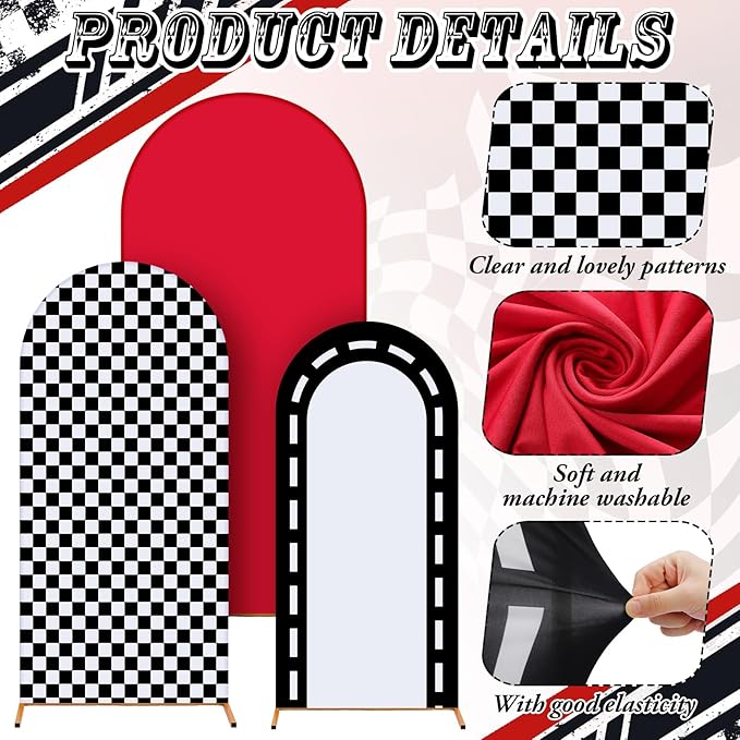 Foilswirl 34 Pieces Race Car Party Decoration 4ft 5ft 6ft Race Backdrop Cover Checkered Spandex Arch Backdrop Covers Red and Black Balloons Racing Tire Foil Balloons for Racer Go Kart Birthday Party
