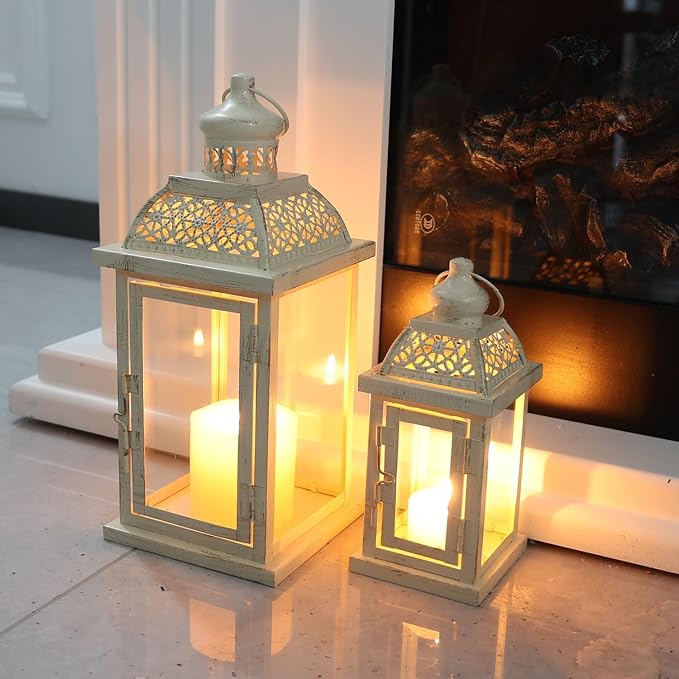 Large Lantern Decorative Outdoor & Indoor, Set of 2 (14’’&10’’) Metal Candle Lanterns Decor, Vintage Hanging Candle Holder for Front Porch Patio Wedding Farmhouse Home, Spring Decoration