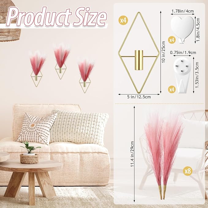 Hanaive 4 Sets Boho Wall Decor Metal Wall Art Hanging Planters with Artificial Pampas Display Modern Home Vase for Bedroom Home Office(Bean Paste Color, Beige, Light Pink,Gradient Pink)