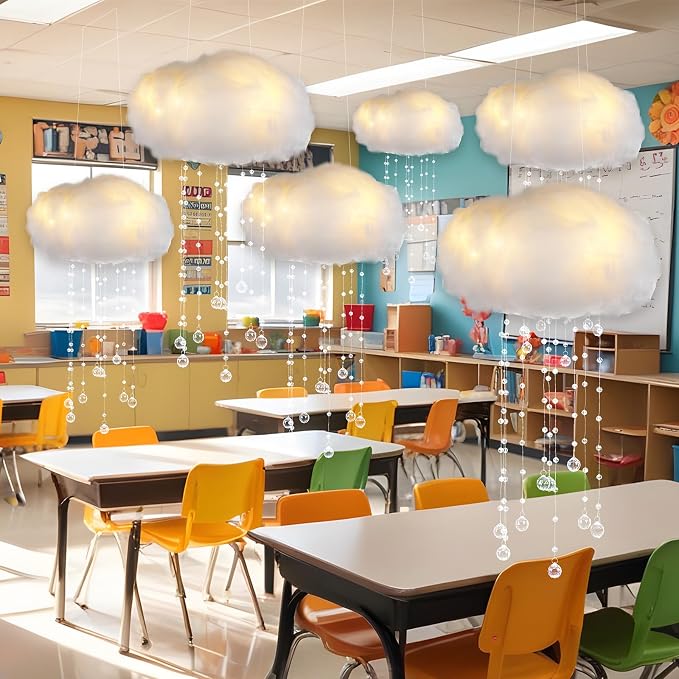 Marsui Artificial Cloud Props LED Hanging Cloud Light String Fake Imitation 3D Cotton Classroom School Decor Raindrop for Room Ceiling Baby Shower Party Wedding Nursery Classroom Wall DIY Decor(6 Pcs)