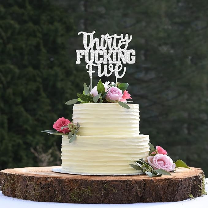 LINGTEER Happy 35th Birthday Funny Silver Rhinestone Cake Topper - Cheers to 35 Years Old Birthday Party Cake Centerpieces Topper Decorations Gift Sign.