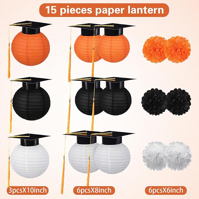 Gilprop 15 Pcs Black and Orange Graduation Decoration 2026 Paper Lanterns Graduation Party Decorations Hanging Round Paper Lanterns with Black Grad Hat Tassel for Congratulation Grad Decorations
