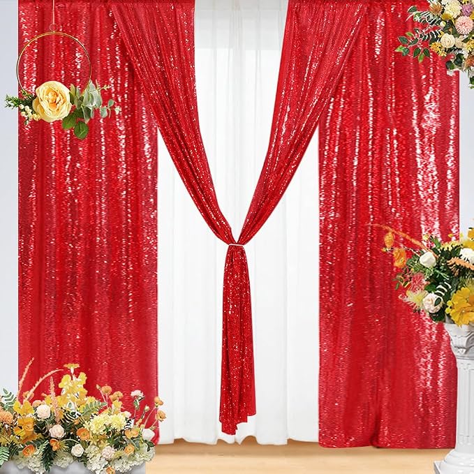 Eternal Beauty Sequin Backdrop Curtains, 2x8 Ft-2 Panels Red Back Drop for Mother's Day Shimmer Photography Party Wedding Birthday Decor