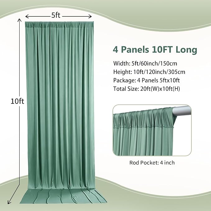 20ft×10ft Wrinkle Free Sage Green Backdrop Curtain for Parties | 4 Panels 5ft×10ft Soft Silky Polyester Green Photo Backdrop Drapes for Wedding Forest Party Baby Shower Decor Back Drop Cloth