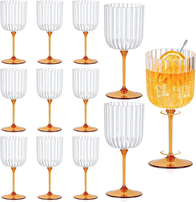12 PCS Plastic Ribbed Wine Glasses 11oz Clear and Amber Detachable Wine Goblet Unbreakable Vintage Ripple Water Goblets Cocktail Drinking Cups for Parties Weddings Poolside Outdoors