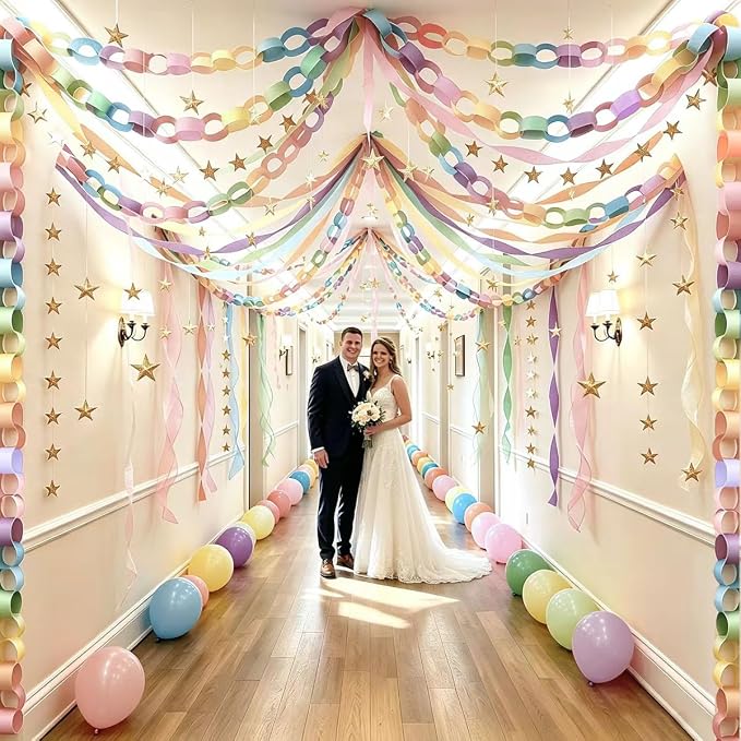 Pastel Paper Chain Garland Party Decorations Include 400 Sheet Paper Chain Strips,492ft Crepe Paper Streamers,52ft Star Strips Hanging,24 Balloons for Kid's Birthday Wedding Party Supplies