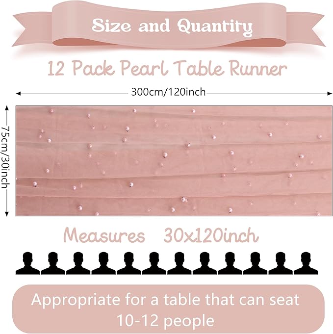 12 Pack 10FT Pearl Table Runner 30x120 Inch Dusty Pink Tulle Fabric Boho Rustic Sheer Table Runners Lace Table Cloth for Wedding Bridal Shower Birthday Party Arch Veil Dessert Table Decor (Dusty Pink)