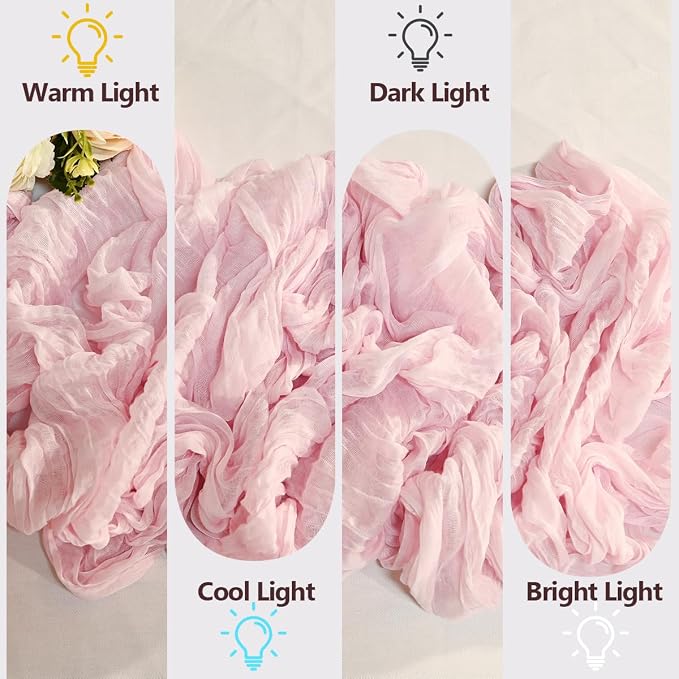 12 Pack Light Pink Cheesecloth Table Runners 35x120 Inch, Wide Pleated Boho Gauze Runner for Wedding Baby Shower Birthday Party, Semi-Sheer Rustic Table Decor