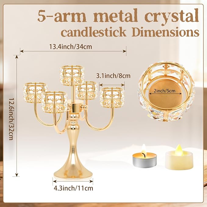 4 Pcs 5 Arm Metal Crystal Candelabra Centerpiece - 13.4 Inch Elegant Candle Holder with Crystal Beads for Wedding Party Christmas Home Dining Table Decoration (Style-B-Gold)