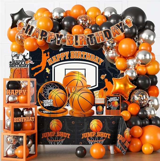 241pcs Basketball Party Decorations, All-in-one Party Set with 20 Serves Disposable Plates, Banner, 2 Tablecloths, Backdrop for Basketball Birthday Party Decorations