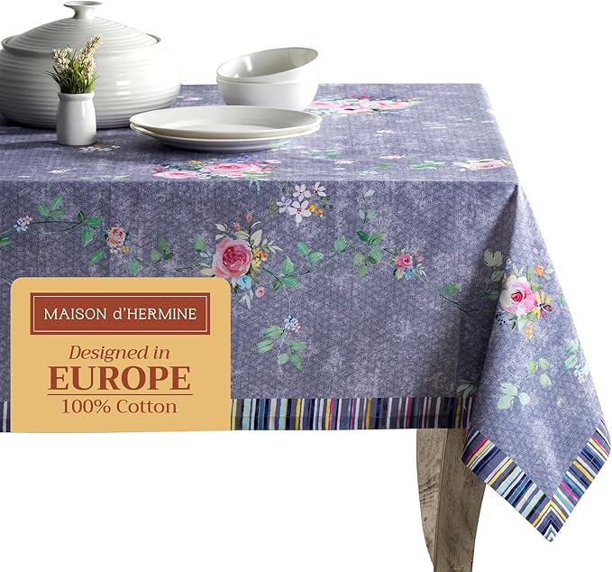 Maison d' Hermine Table Cloth Rectangle Table 100% Cotton 60 x 108 Inches Tablecloth Reusable Decorative for Dining Kitchen Room Party Home Hotel Spring Summer - Sweet Rose Lavender - Country Garden
