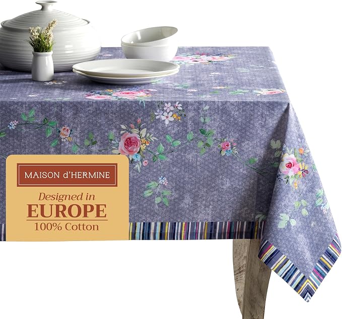 Maison d' Hermine Table Cloth Square Table 100% Cotton 54 x 54 Inches Tablecloth Reusable Decorative for Dining Kitchen Room Farmhouse Party Home Spring Summer - Sweet Rose Lavender - Country Garden