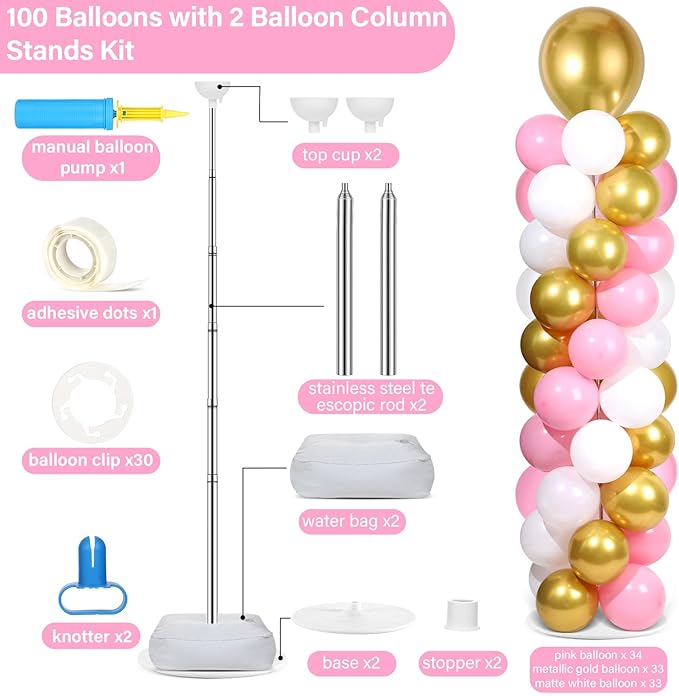 2 Sets Pink White Gold Balloon Column Stand Kit with 100 Balloons Adjustable Balloon Tower Stand with Bases for Floor Column Kit for Wedding Graduation Birthday Appreciation Party Decor