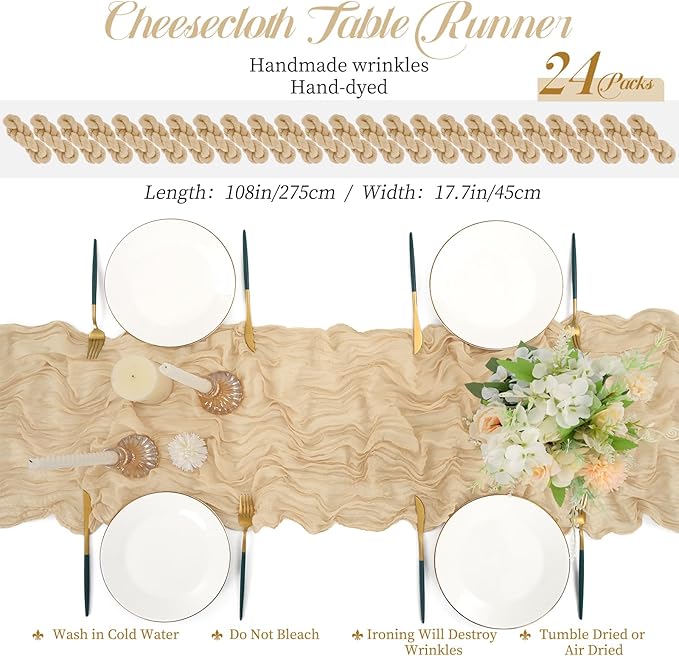 24 Packs Beige Table Runner, Charming Cheesecloth Table Runner 17 x 108inch, Gauze Boho Wedding Decoration Rustic Sheer Fabric Cheese Cloth Table Runners for Wedding Party Bridal Shower