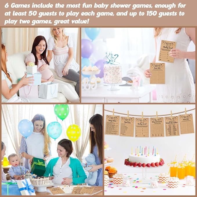 Baby Shower Games Bundle for 50 Guests, Stacking Games, Adults, 150 Game Cards & 1 Answer Card