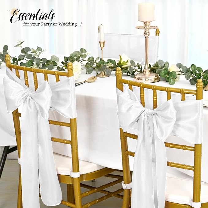 Pesonlook 60 PCS White Satin Chair Sashes Bows Satin Chair Sashes Universal Chair Cover for Wedding Reception Restaurant Event Decoration Banquet,Party,Hotel Event Decorations (7 x 108 inch)