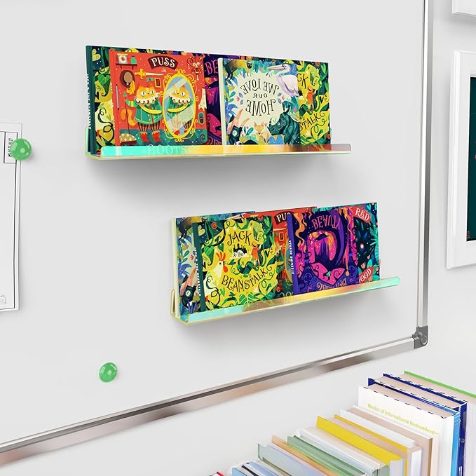 NiHome Set of 2 Magnetic Acrylic Floating Book Shelves, 24 Inches Long for Whiteboard, Classroom and Fridge Storage, Holds Up to 8.5 lbs, Sleek Design Organizer for Large Picture Adhesive (Iridescent)