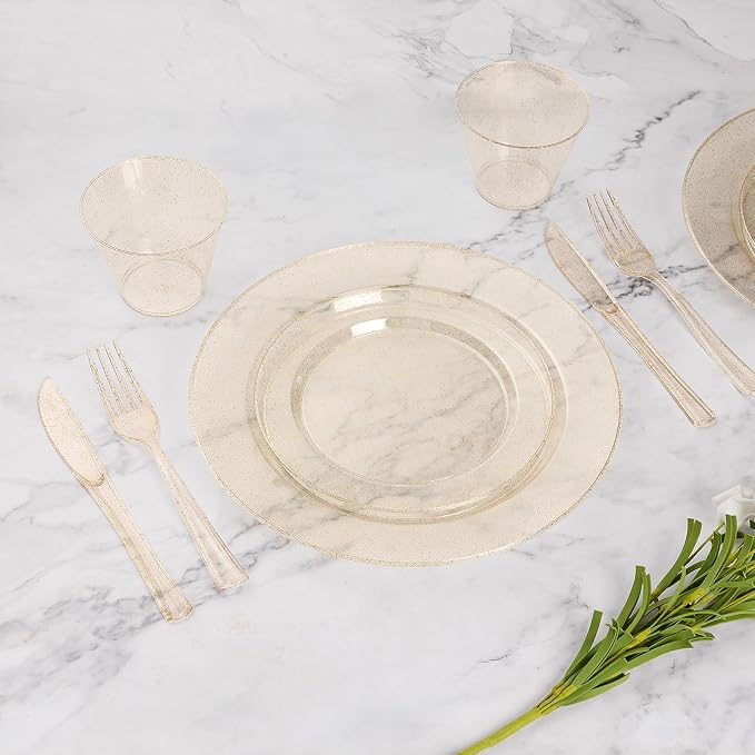 Goodluck 700 Piece Gold Glitter Plastic Dinnerware Set for 100 Guests, Disposable Plates for Party, Include: 100 Dinner Plates, 100 Dessert Plates, 100 Pre Rolled Napkins with Silverware, 100 Cups