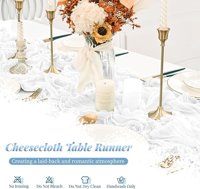 24 Pack White Table Runner, 10FT Cheesecloth Table Runner Long Romantic Semi Sheer Rustic Boho Gauze Table Runners for Wedding Bridal Shower Birthday Party Decorations(21.5×120 Inch)
