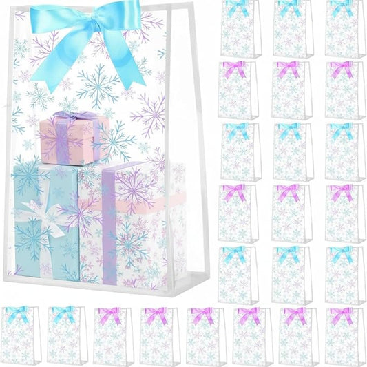 Shinylin 24 Pcs Winter Snowflake Clear Gift Bags with Ribbon, Blue and Purple Snowflake Party Favor Goodie Bags Plastic Princess Gift Bag Bulk for Let It Sonw Wonderland Birthday Christmas Winter