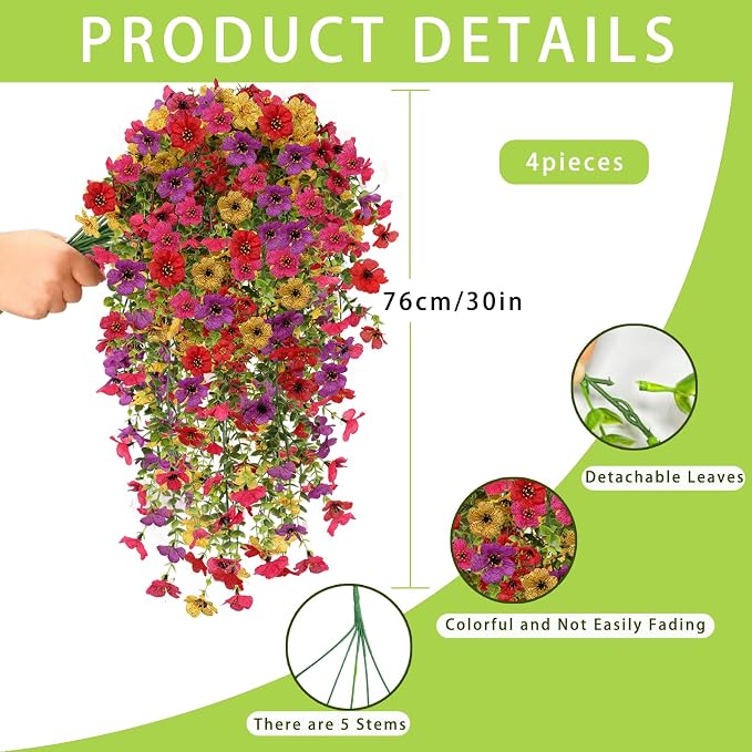 4PCS Artificial Hanging Flowers for Outdoors Summer Decoration, Upgrade UV Resistant Faux Silk Hanging Plants for Outside Home Planter Porch Patio Decor (Multicolour)