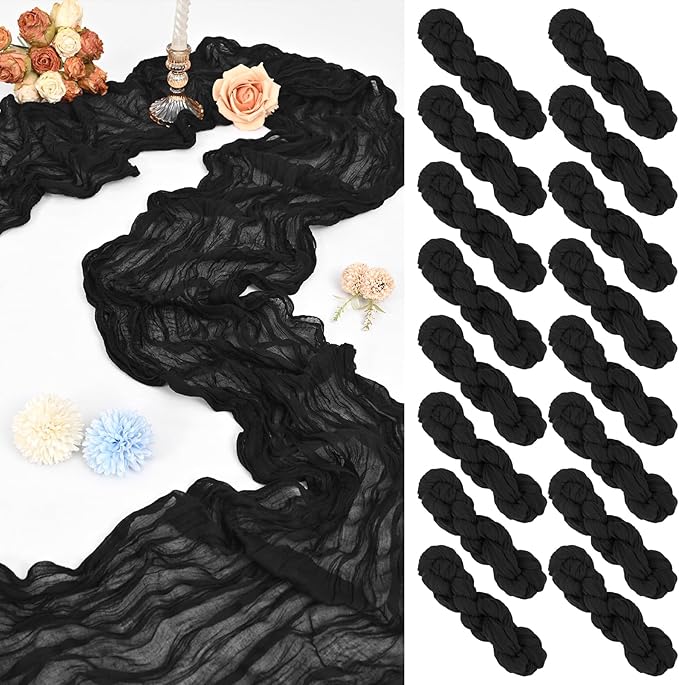 16 Pack 10Ft Cheesecloth Table Runner Black, 20 x 120 Inch Rustic Gauze Boho Cheese Cloth Table Runners Wedding Long Table Runner for Wedding Party Bridal Shower Table Decoration