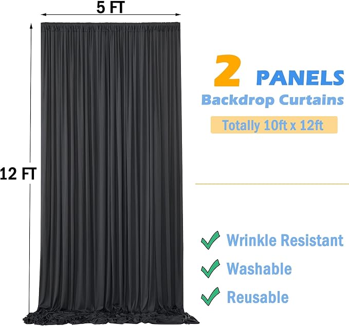 12ft x 10ft Black Backdrop Curtains for Parties, Wrinkle Free 2 Panels Photo Backdrop Drapes Back Drop Cloth for Wedding Birthday Photography Background Decor