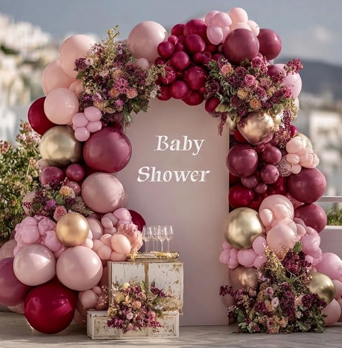 Burgundy Pink Balloon Garland Double Stuffed Pastel Light Pink Gold Mauve Balloons Maroon Lavender Latex Plum Balloon Arch Kit for Birthday Galentine Wedding Baby Shower Decoration